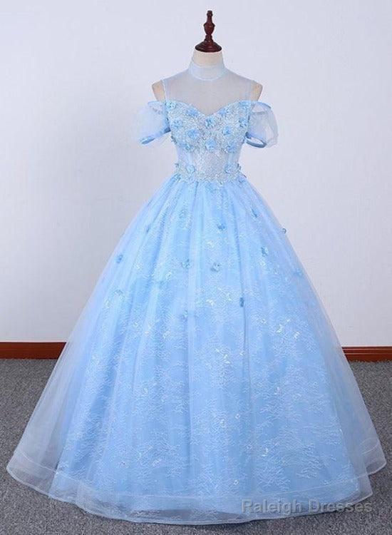 Light Blue Lace High Neck Lace Applique Ball Gown, Lace Sweet 16 Dress, Prom Dress Main image