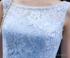 Light Blue Lace Knee Length Round Neckline Prom Dresses Charming Blue Prom Dresses