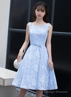 Light Blue Lace Knee Length Round Neckline Prom Dresses Charming Blue Prom Dresses