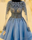 Light Blue Lace Long Sleeve Homecoming Dress