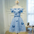 Light Blue Lace With Butterflies Short Homecoming Dress, Blue Prom Dress