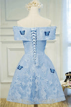 Light Blue Lace With Butterflies Short Homecoming Dress, Blue Prom Dress