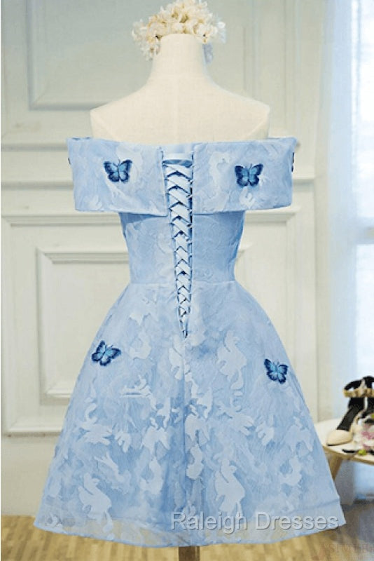 Light Blue Lace With Butterflies Short Homecoming Dresses Blue Prom Dresses
