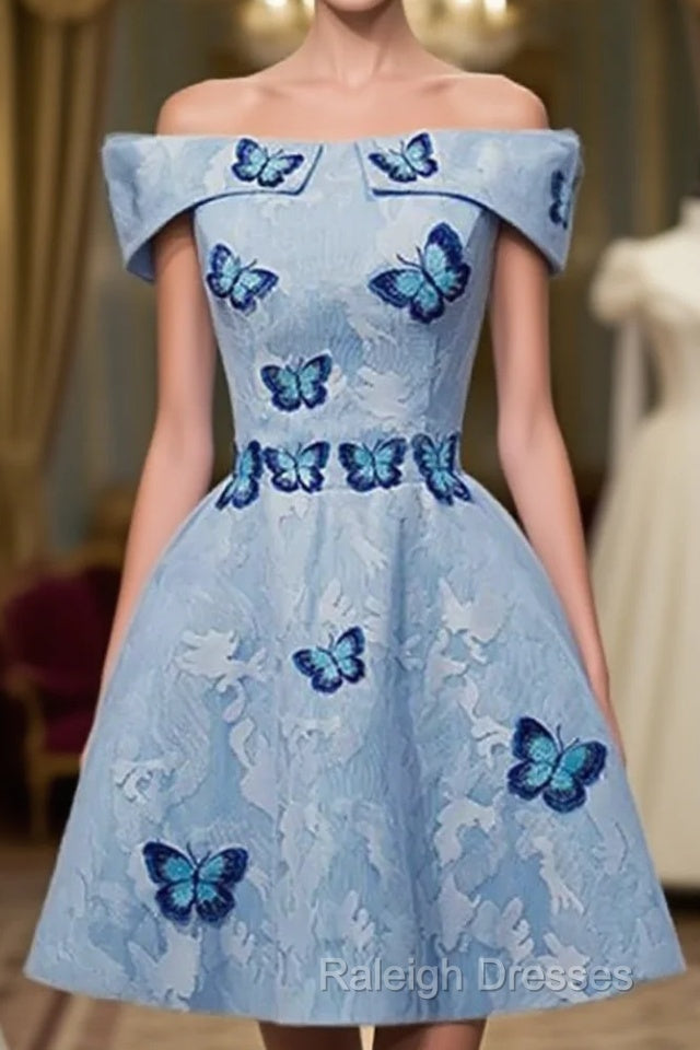 Light Blue Lace With Butterflies Short Homecoming Dress, Blue Prom Dress