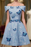 Light Blue Lace With Butterflies Short Homecoming Dress, Blue Prom Dress
