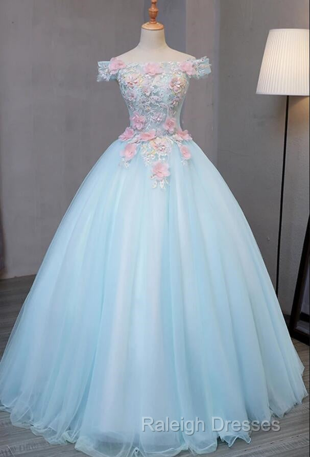 Light Blue Long Floral Tulle Sweet 16 Dress,  Quinceanera Dress Secondary image