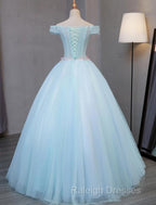 Light Blue Long Floral Tulle Sweet 16 Dress,  Quinceanera Dress