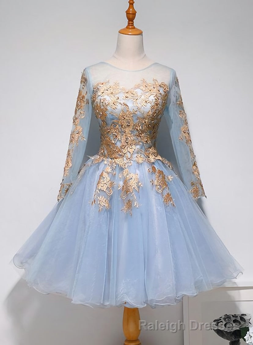 Light Blue Long Sleeves with Gold Lace Cute Homecoming Dress, Blue Short Prom Dress Secondary image
