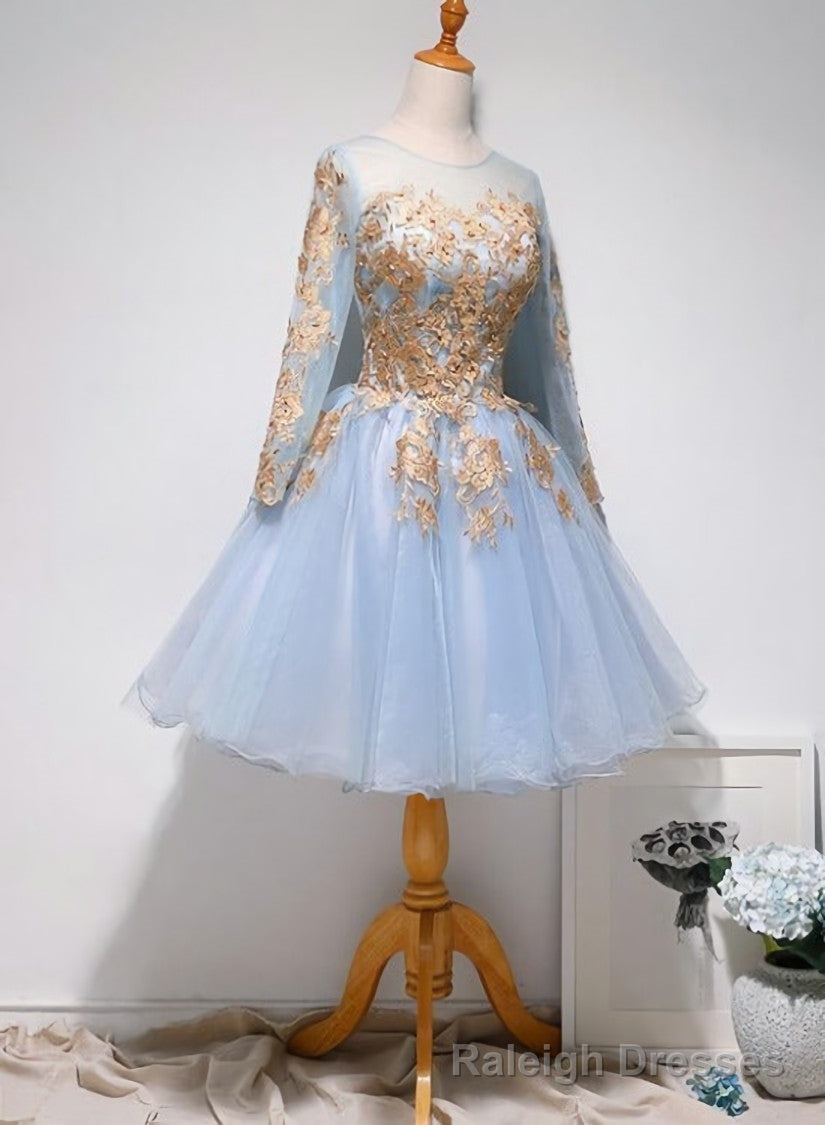 Light Blue Long Sleeves with Gold Lace Cute Homecoming Dress, Blue Short Prom Dress Main image