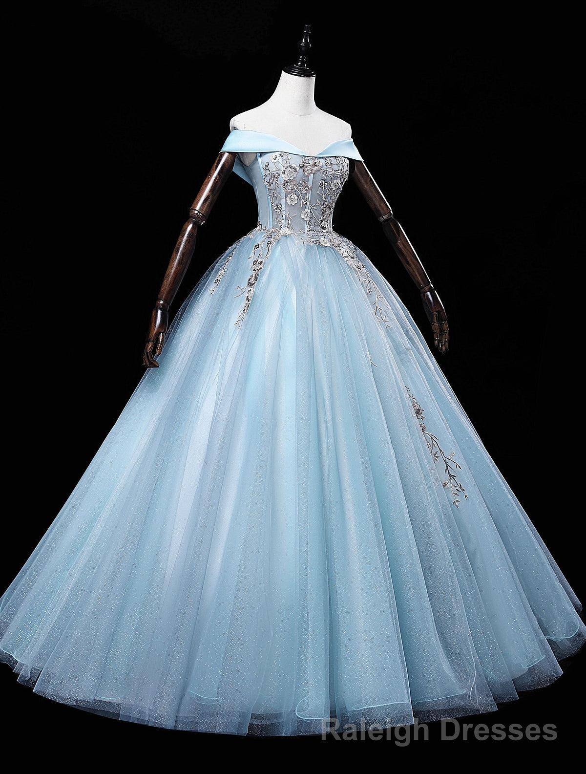 Light Blue Off Shoulder Flowers Tulle Long Party Dress, Light Blue Sweet 16 Dress Main image