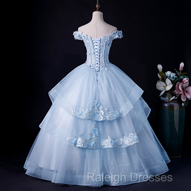 Light Blue Off Shoulder Lace Applique Ball Gown Prom Dresses Blue Sweet 16 Gown Secondary image