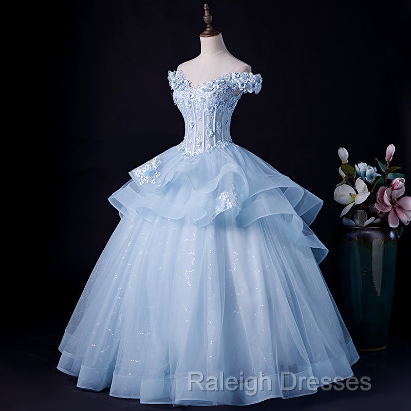 Light Blue Off Shoulder Lace Applique Ball Gown Prom Dresses Blue Sweet 16 Gown