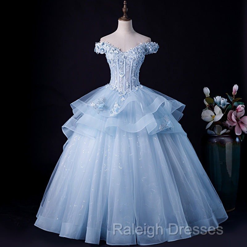Light Blue Off Shoulder Lace Applique Ball Gown Formal Dress, Blue Sweet 16 Gown