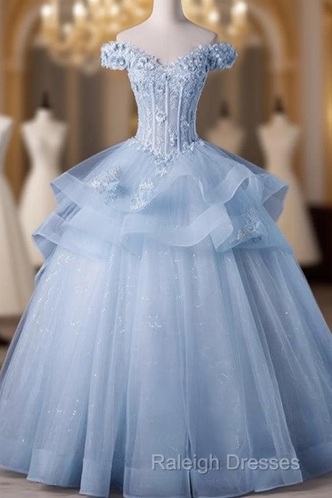 Light Blue Off Shoulder Lace Applique Ball Gown Prom Dresses Blue Sweet 16 Gown