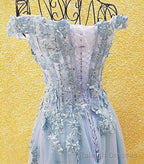 Light Blue Off Shoulder Long Party Dress with Flowers, Tulle Blue Evening Dress Prom Dress