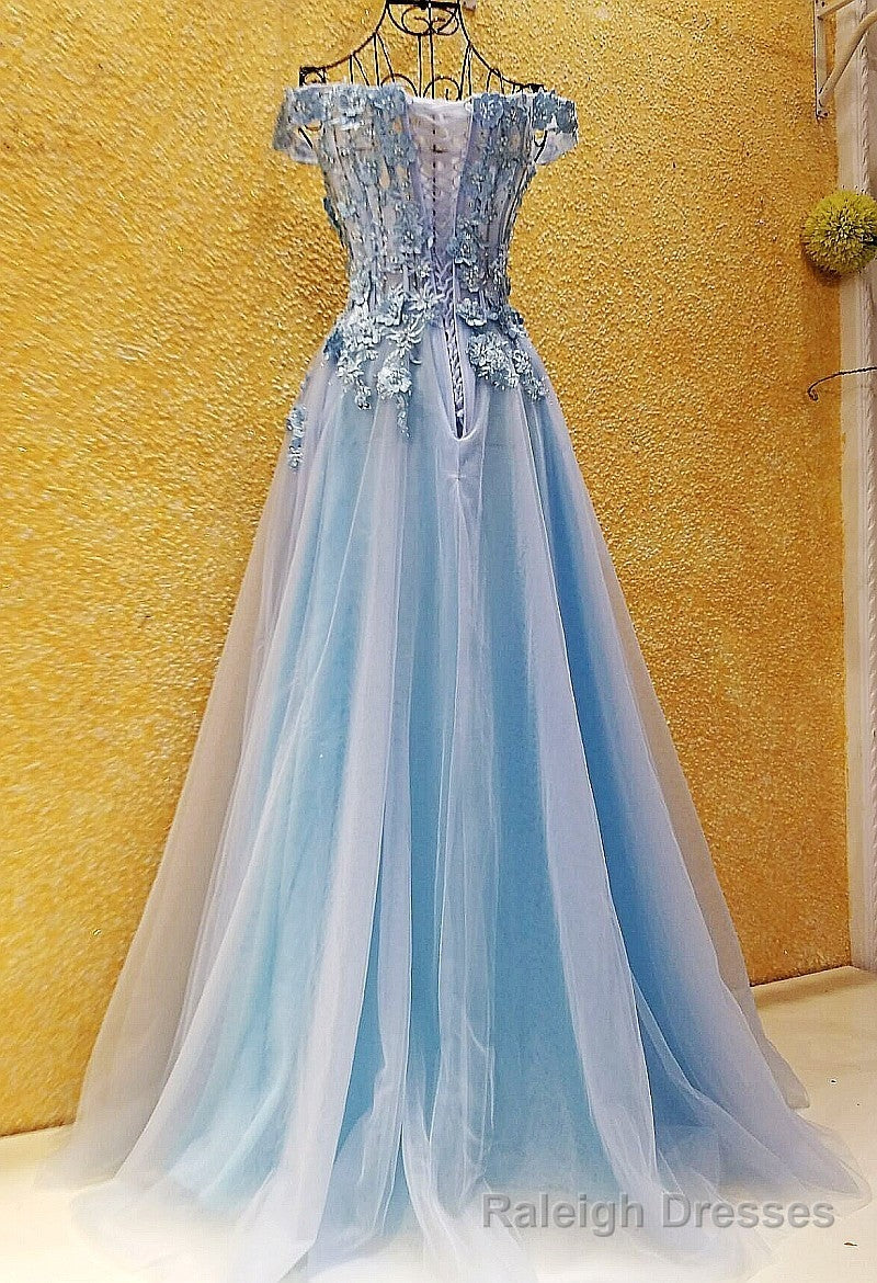 Light Blue Off Shoulder Long Party Dress with Flowers, Tulle Blue Evening Dress Prom Dress