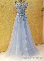 Light Blue Off Shoulder Long Party Dress with Flowers, Tulle Blue Evening Dress Prom Dress