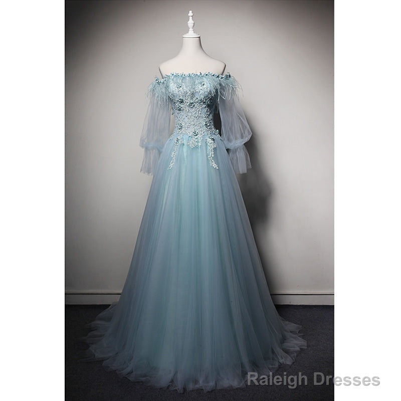 Light Blue Off Shoulder Long Sleeves Tulle Party Dress With Lace, A-Line Blue Formal Dresses Secondary image