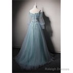 Light Blue Off Shoulder Long Sleeves Tulle Party Dress With Lace, A-Line Blue Formal Dresses