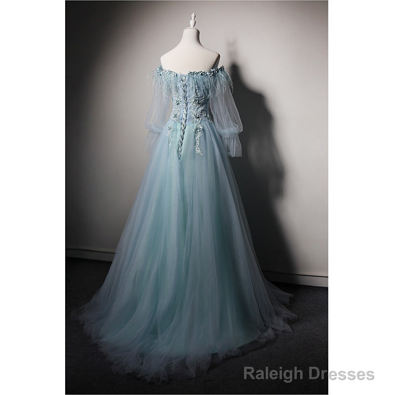 Light Blue Off Shoulder Long Sleeves Tulle Party Dress With Lace, A-Line Blue Formal Dresses