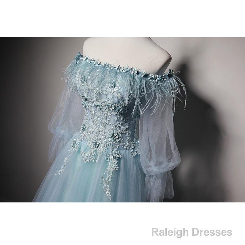 Light Blue Off Shoulder Long Sleeves Tulle Prom Dresses With Lace A-Line Blue Prom Dress