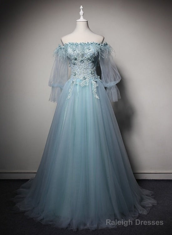Light Blue Off Shoulder Long Sleeves Tulle Party Dress With Lace, A-Line Blue Formal Dresses Main image