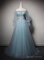 Light Blue Off Shoulder Long Sleeves Tulle Prom Dresses With Lace A-Line Blue Prom Dress