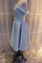 Light Blue Off Shoulder Satin Bridesmaid Dress, Blue Short Formal Dress