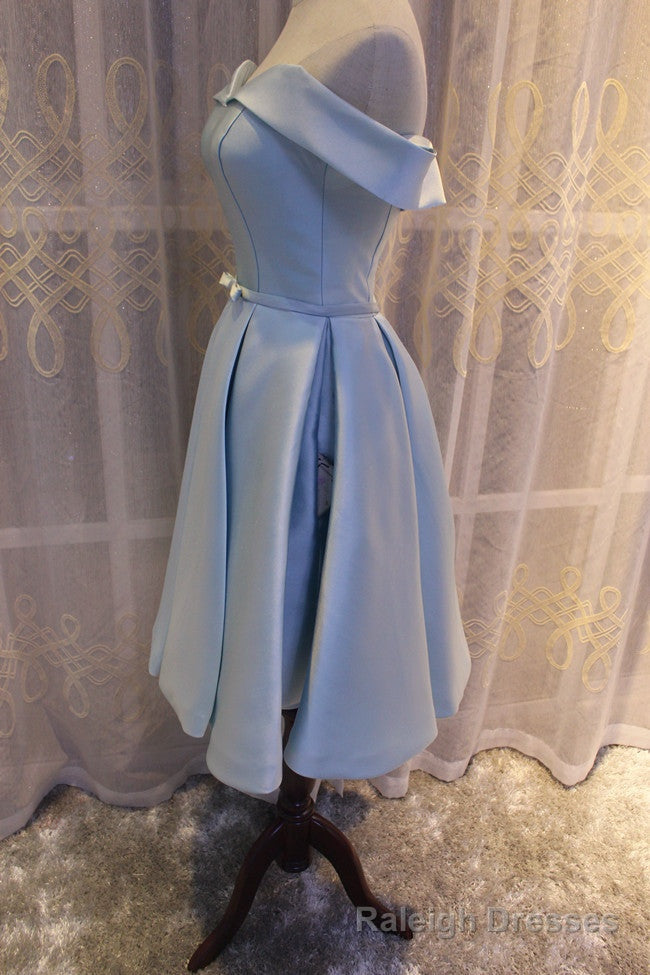 Light Blue Off Shoulder Satin Bridesmaid Dress, Blue Short Formal Dress