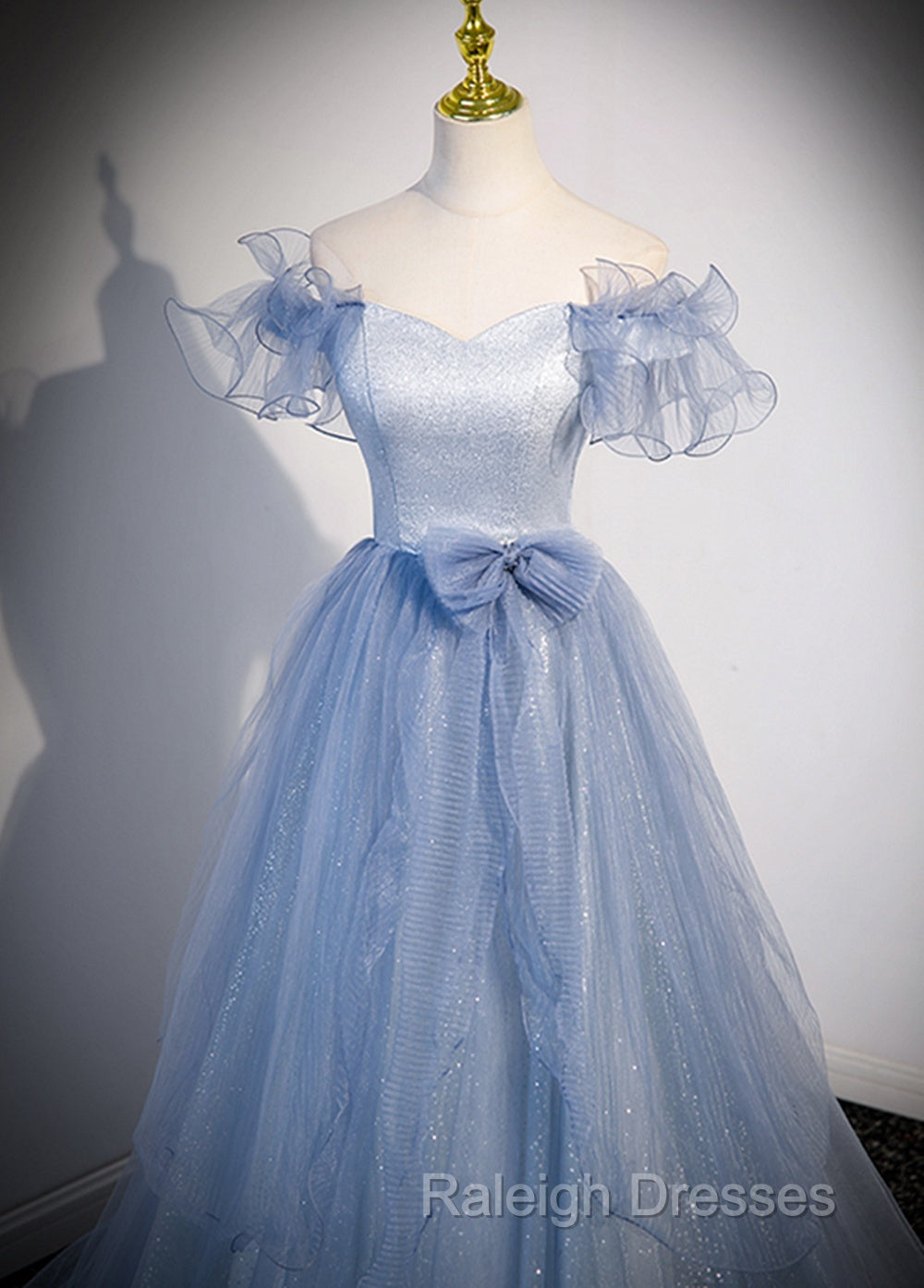Light Blue Off Shoulder Tulle Sweetheart Formal Dress, Light Blue A-Line Prom Dress