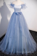 Light Blue Off Shoulder Tulle Sweetheart Formal Dress, Light Blue A-Line Prom Dress