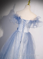 Light Blue Off Shoulder Tulle Sweetheart Formal Dress, Light Blue A-Line Prom Dress