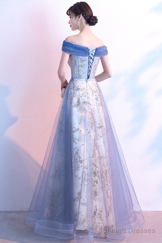 Light Blue Off Shoulder Tulle With Lace Long Evening Dress Prom Dress, Blue Formal Dresses