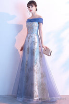 Light Blue Off Shoulder Tulle With Lace Long Prom Dresseses Blue Prom Dress