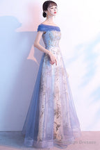 Light Blue Off Shoulder Tulle With Lace Long Evening Dress Prom Dress, Blue Formal Dresses