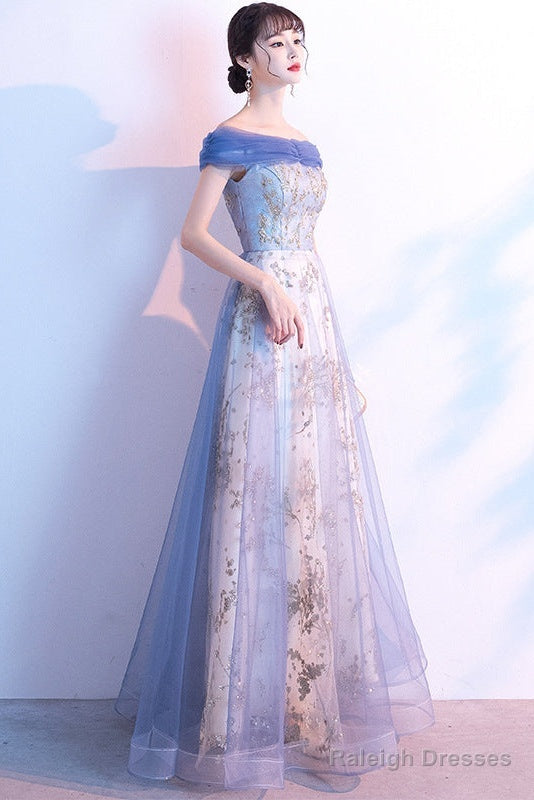 Light Blue Off Shoulder Tulle With Lace Long Prom Dresseses Blue Prom Dress