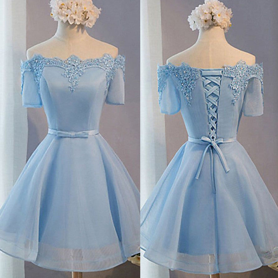 Light Blue off shoulder with short sleeve lace lovely homecoming Formal Prom Dress Main image