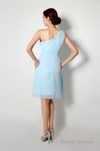 Light Blue One Shoulder Chiffon Knee Length Homecoming Dresses