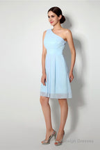 Light Blue One Shoulder Chiffon Knee Length Homecoming Dresses