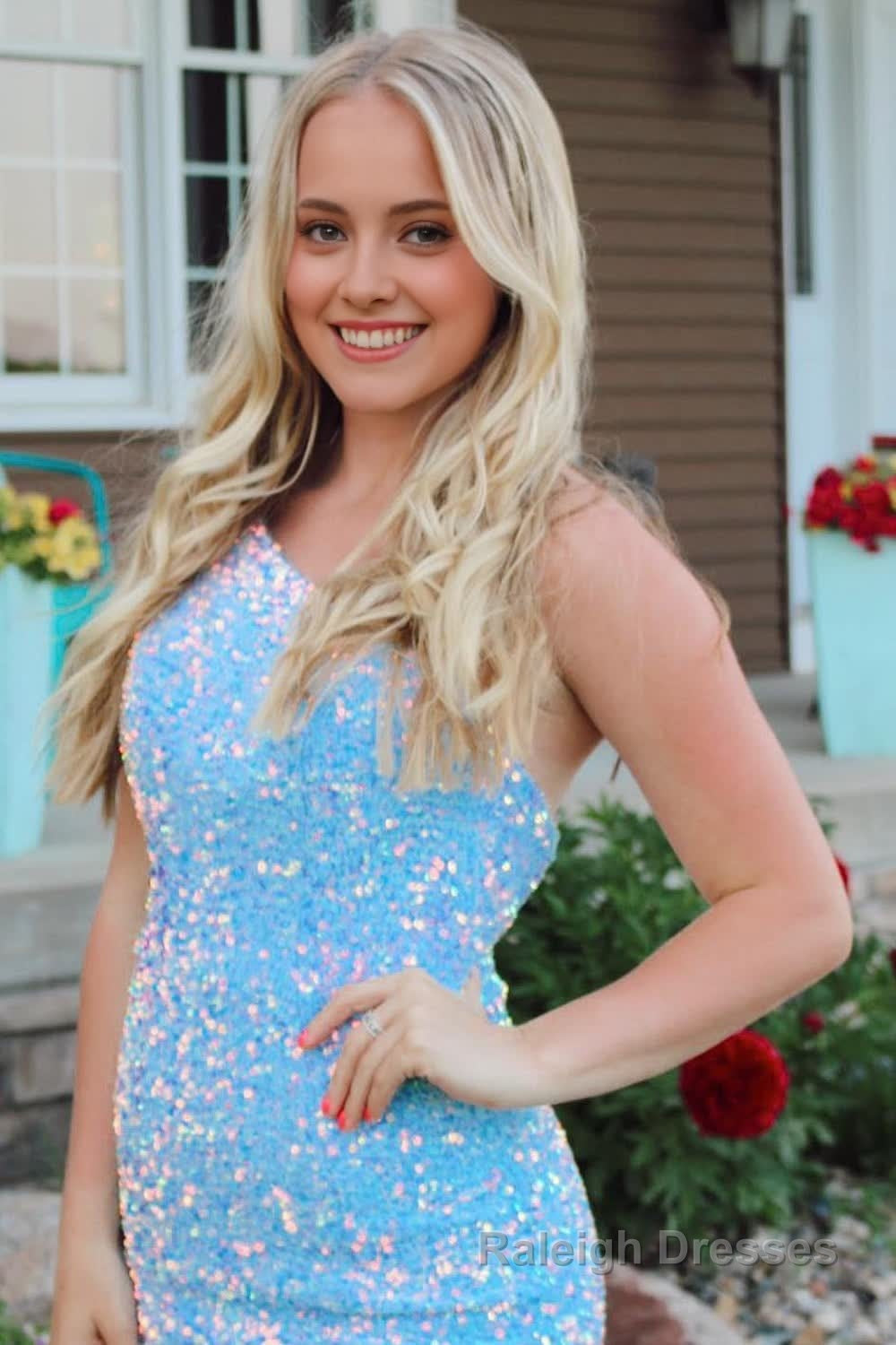 Light Blue One Shoulder Sequins Homecoming Dress