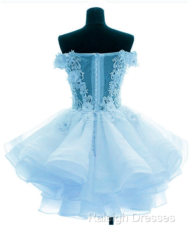 Light Blue Organza With Flower And Lace Short Party Dress, Blue Homecoming Dress