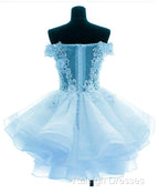 Light Blue Organza With Flower And Lace Short Prom Dresses Blue Homecoming Dresses