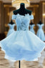 Light Blue Organza With Flower And Lace Short Party Dress, Blue Homecoming Dress