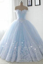 Light Blue Princess Ball Gown Sweet 16 Gown Tulle Prom Dresses With Lace Applique