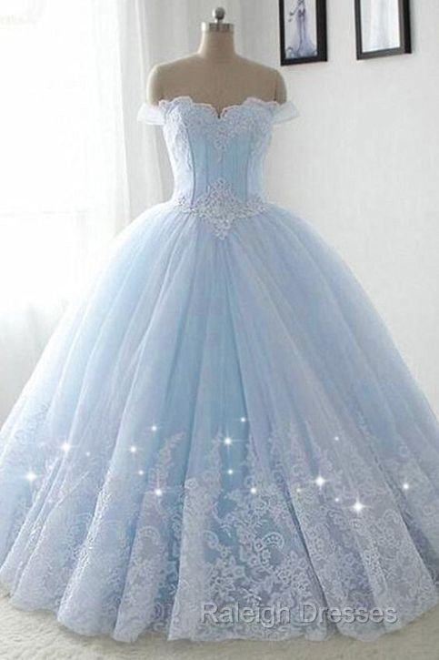 Light Blue Princess Ball Gown Sweet 16 Gown Tulle Prom Dresses With Lace Applique