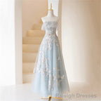 Light Blue Prom Dresses Fairy,Long Blue Tulle Floral Appliques Formal Dresses