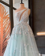 Light Blue Prom Dress One Shoulder Sequin Lace