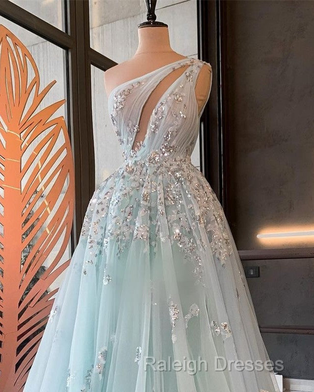 Light Blue Prom Dress One Shoulder Sequin Lace