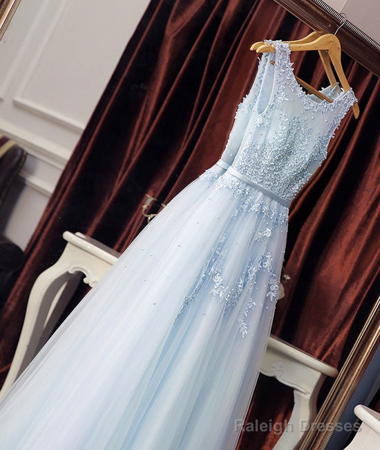 Light Blue Round Neck Lace Tulle Prom Dresses Long Blue Prom Dresses Secondary image