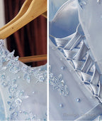 Light Blue Round Neck Lace Tulle Prom Dresses Long Blue Prom Dresses